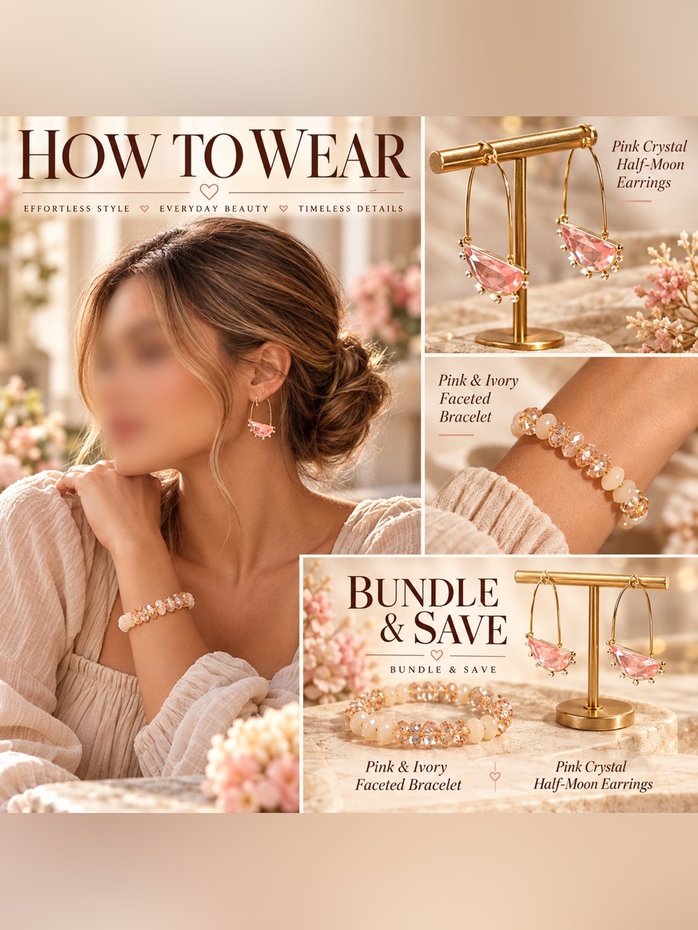 Blush Pink & Ivory Faceted Beaded Stretch Bracelet 🗽